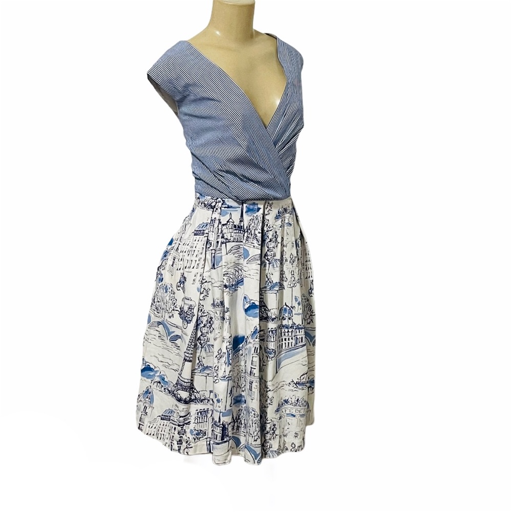 Chetta B blue faux wrap Paris striped dress 12